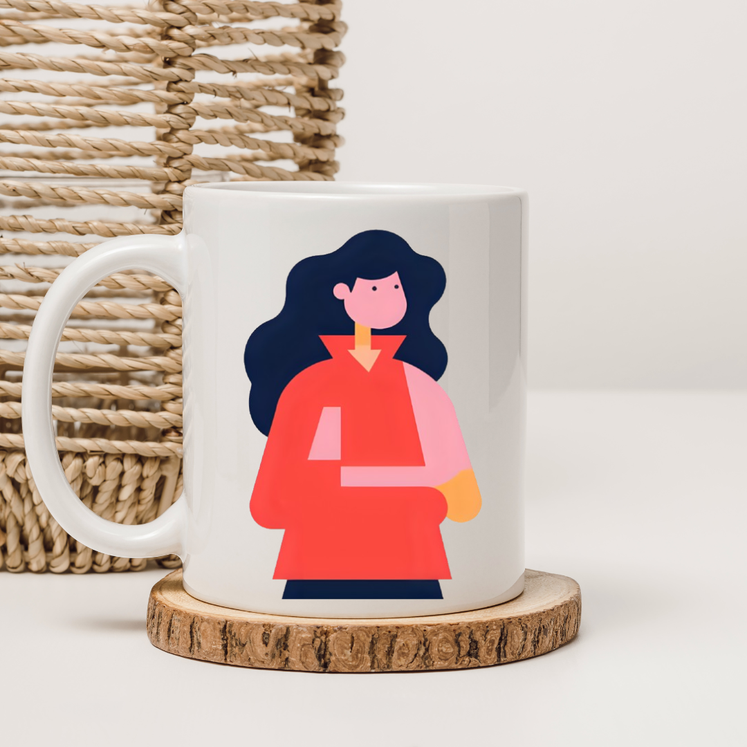 White Glossy Ceramic Mug with Woman Design – Aesthetic Coffee & Tea Cup, Artistic Feminine Illustration Drinkware, Unique Gift for Her, Office, and Home Décor