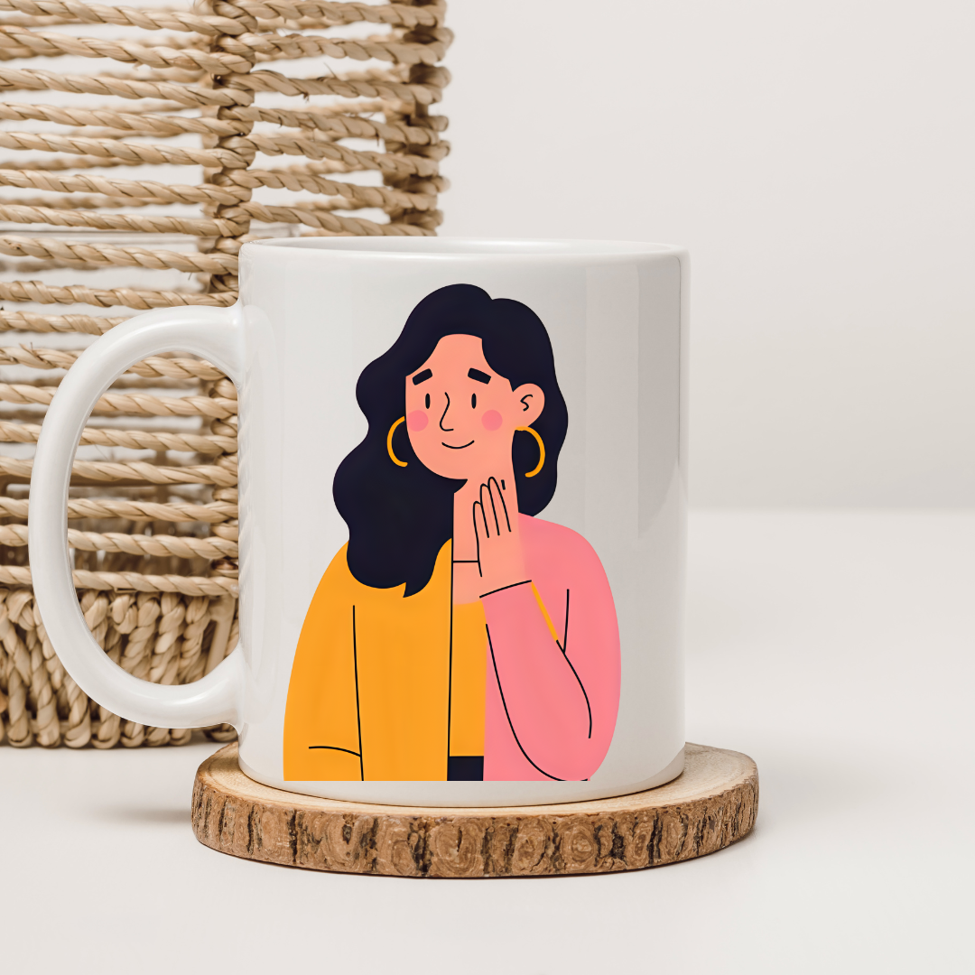 White Glossy Ceramic Mug with Woman Design – Aesthetic Coffee & Tea Cup, Feminine Illustration Drinkware, Unique Gift for Her, Office, Home