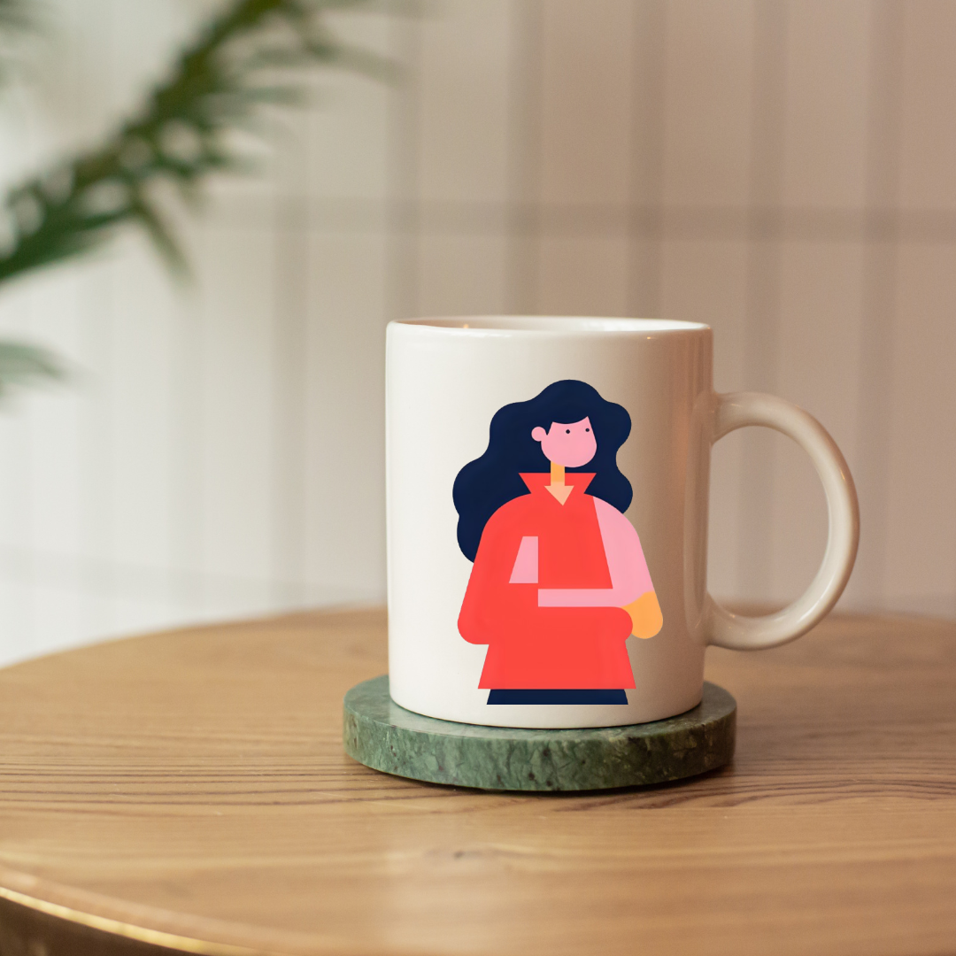 White Glossy Ceramic Mug with Woman Design – Aesthetic Coffee & Tea Cup, Artistic Feminine Illustration Drinkware, Unique Gift for Her, Office, and Home Décor