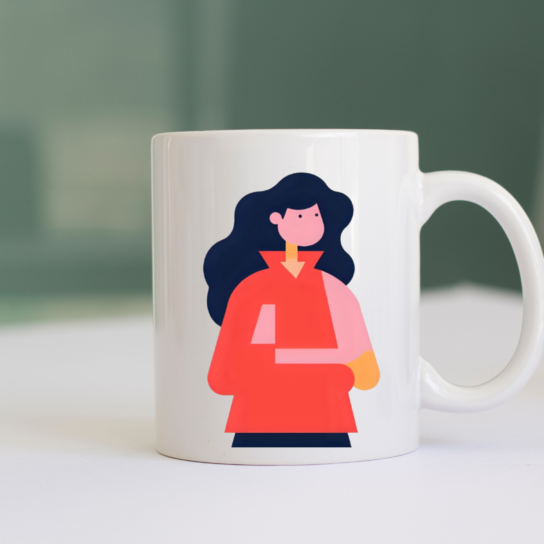 White Glossy Ceramic Mug with Woman Design – Aesthetic Coffee & Tea Cup, Artistic Feminine Illustration Drinkware, Unique Gift for Her, Office, and Home Décor
