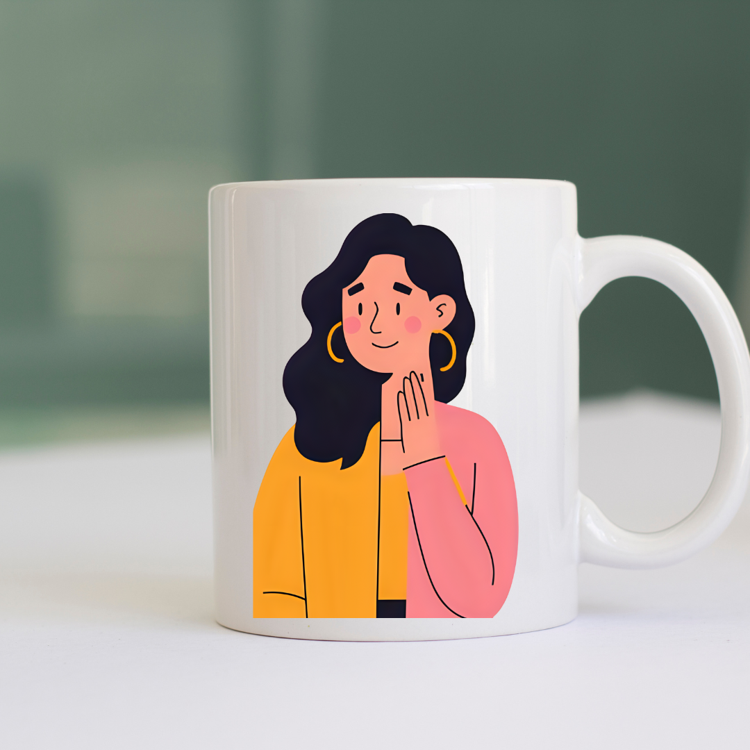 White Glossy Ceramic Mug with Woman Design – Aesthetic Coffee & Tea Cup, Feminine Illustration Drinkware, Unique Gift for Her, Office, Home