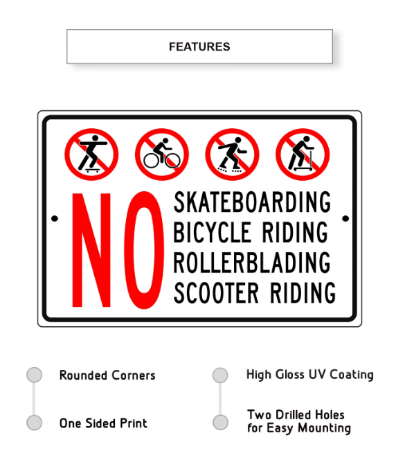 No Skateboarding Bicycle Riding Aluminum Metal Sign 8 x 12