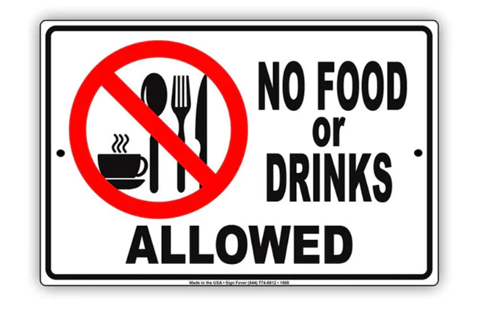 No Food Or Drinks Allowed, Ships to US only, Aluminum Sign, Property Alert Awareness Shop, Metal Notice Sign, Wall Display, Home Decor