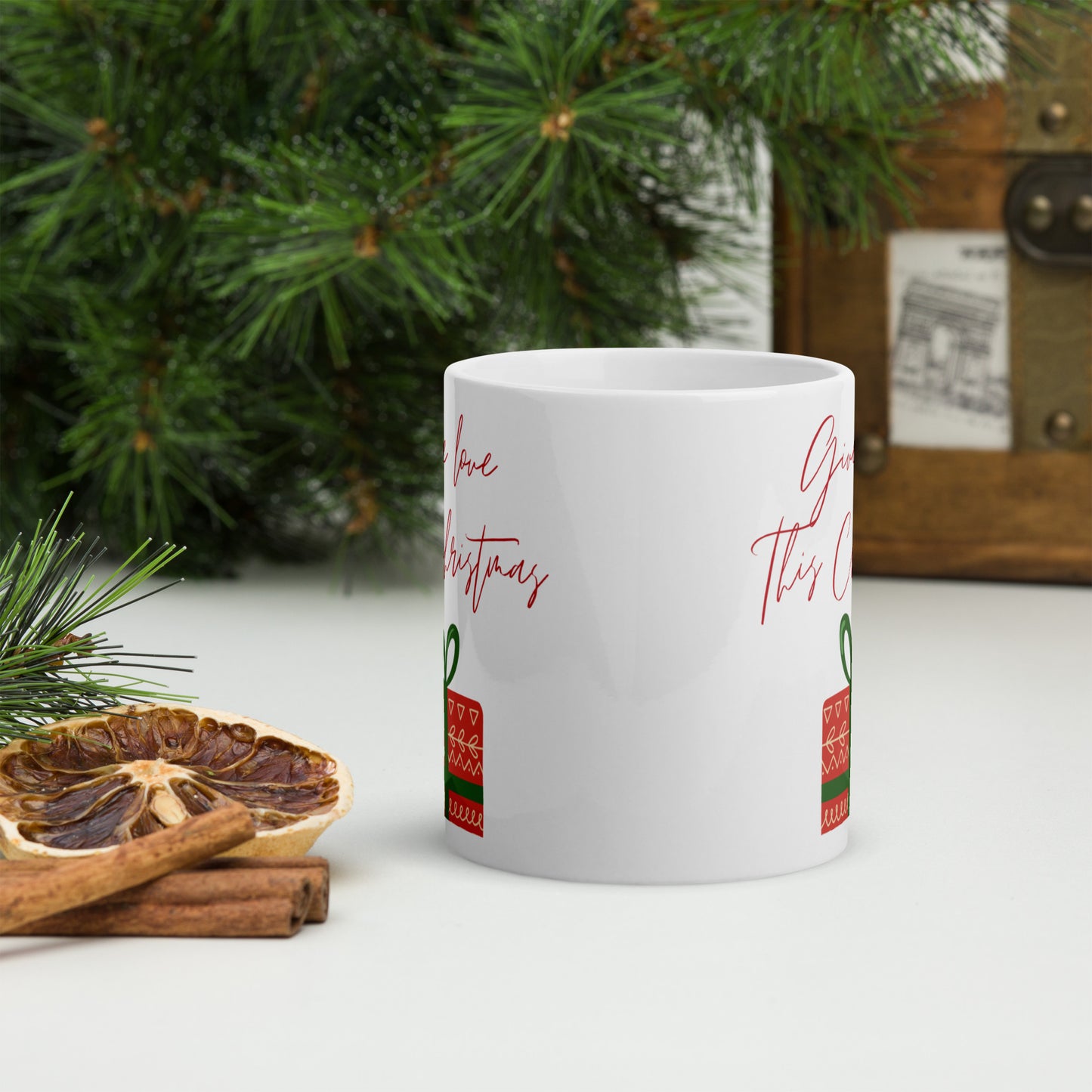 Give Love this Christmas White Glossy Mug 11oz, 15oz, 20oz, for Coffee and Tea Lovers, For Birthday, Thanksgiving and Christmas Gift Ideas