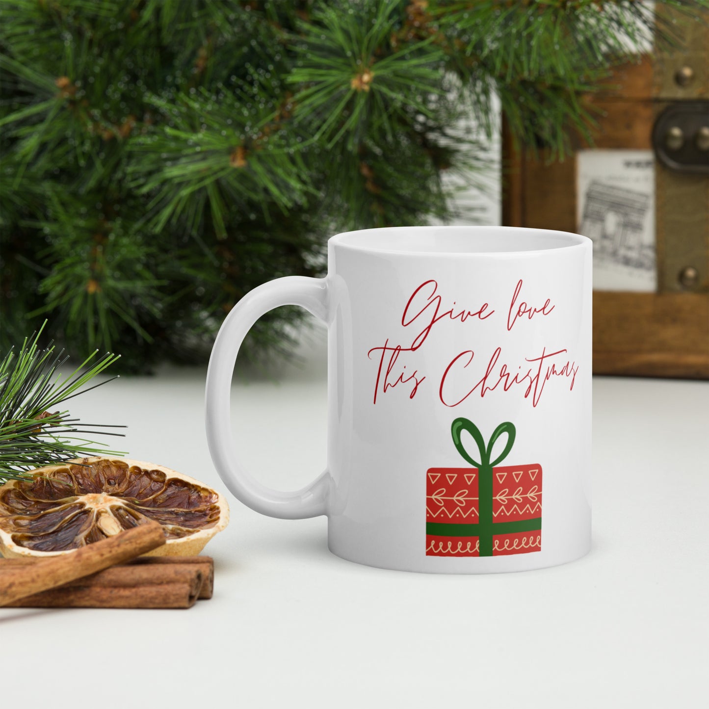 Give Love this Christmas White Glossy Mug 11oz, 15oz, 20oz, for Coffee and Tea Lovers, For Birthday, Thanksgiving and Christmas Gift Ideas