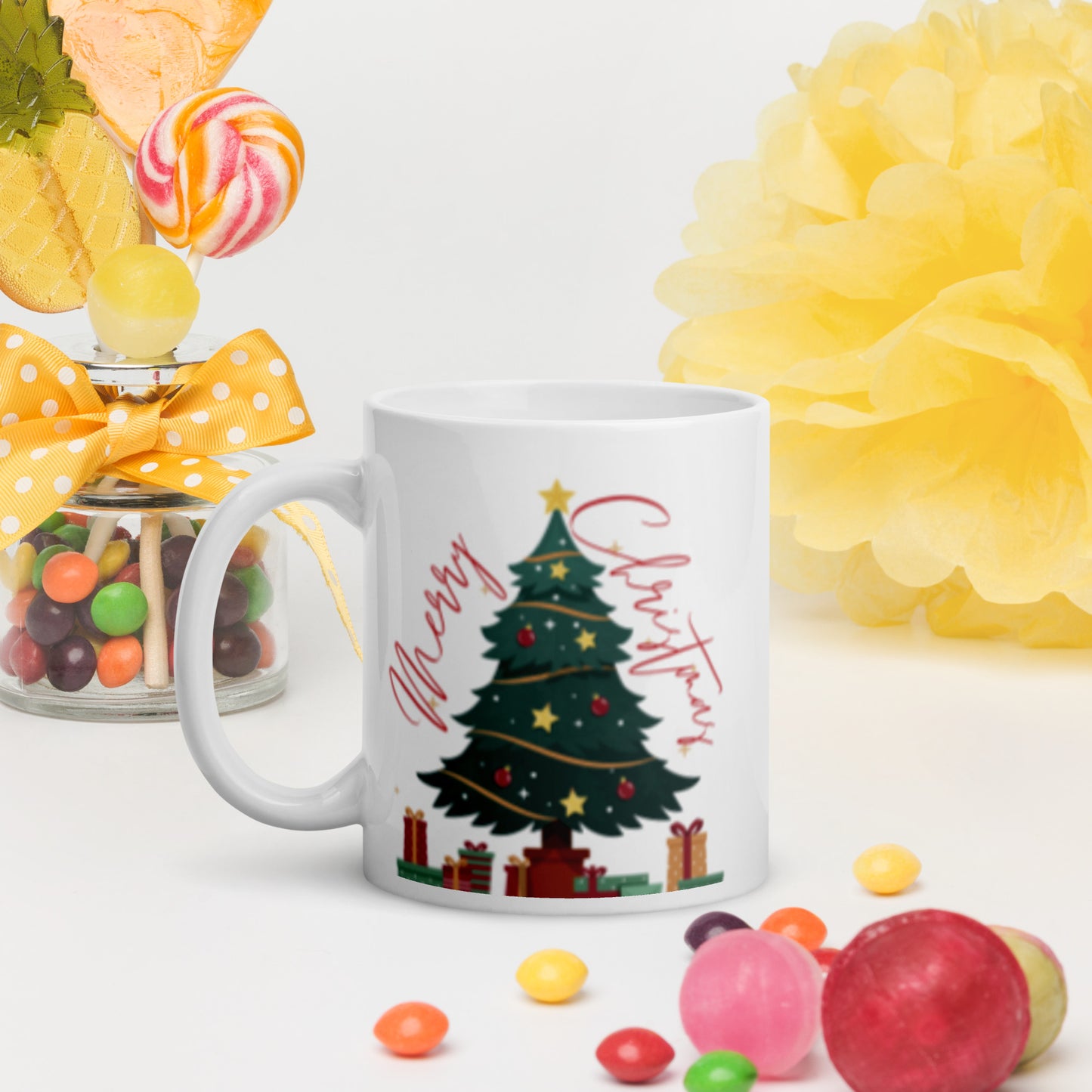 Merry Christmas Tree White Glossy Mug 11oz, 15oz, 20oz, for Coffee and Tea Lovers, For Birthday, Thanksgiving and Christmas Gift Ideas