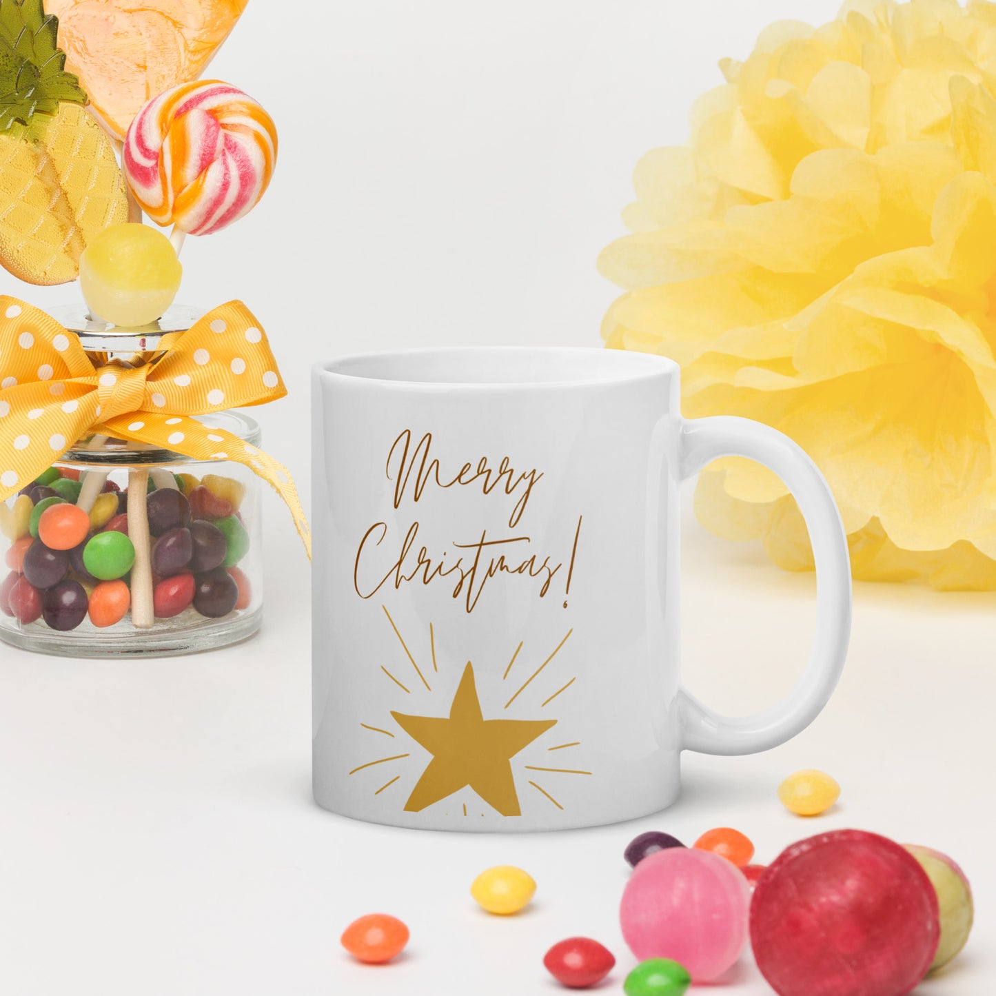 Merry Christmas Star White Glossy Mug 11oz, 15oz, 20oz, for Coffee and Tea Lovers, For Birthday, Thanksgiving and Christmas Gift Ideas