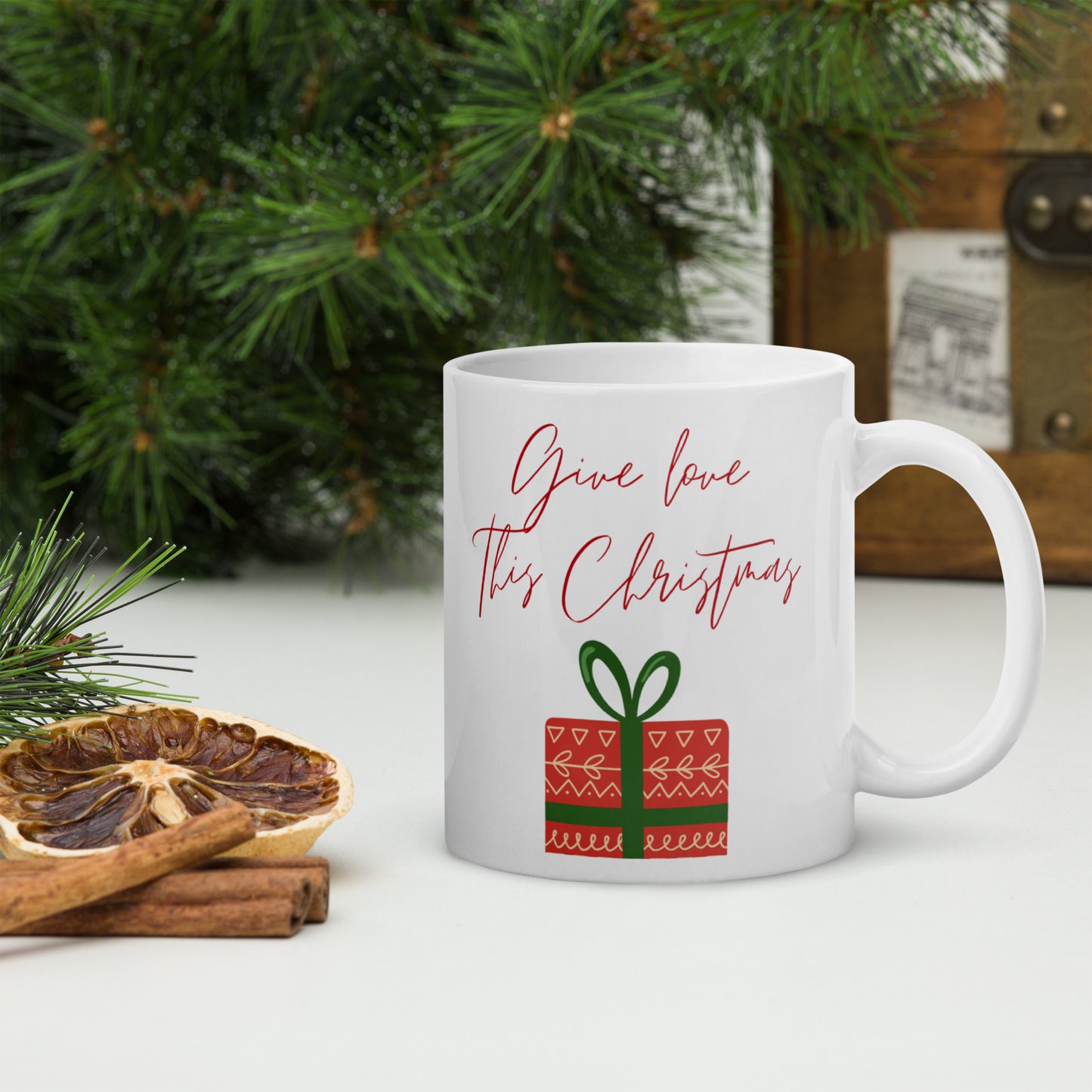 Give Love this Christmas White Glossy Mug 11oz, 15oz, 20oz, for Coffee and Tea Lovers, For Birthday, Thanksgiving and Christmas Gift Ideas