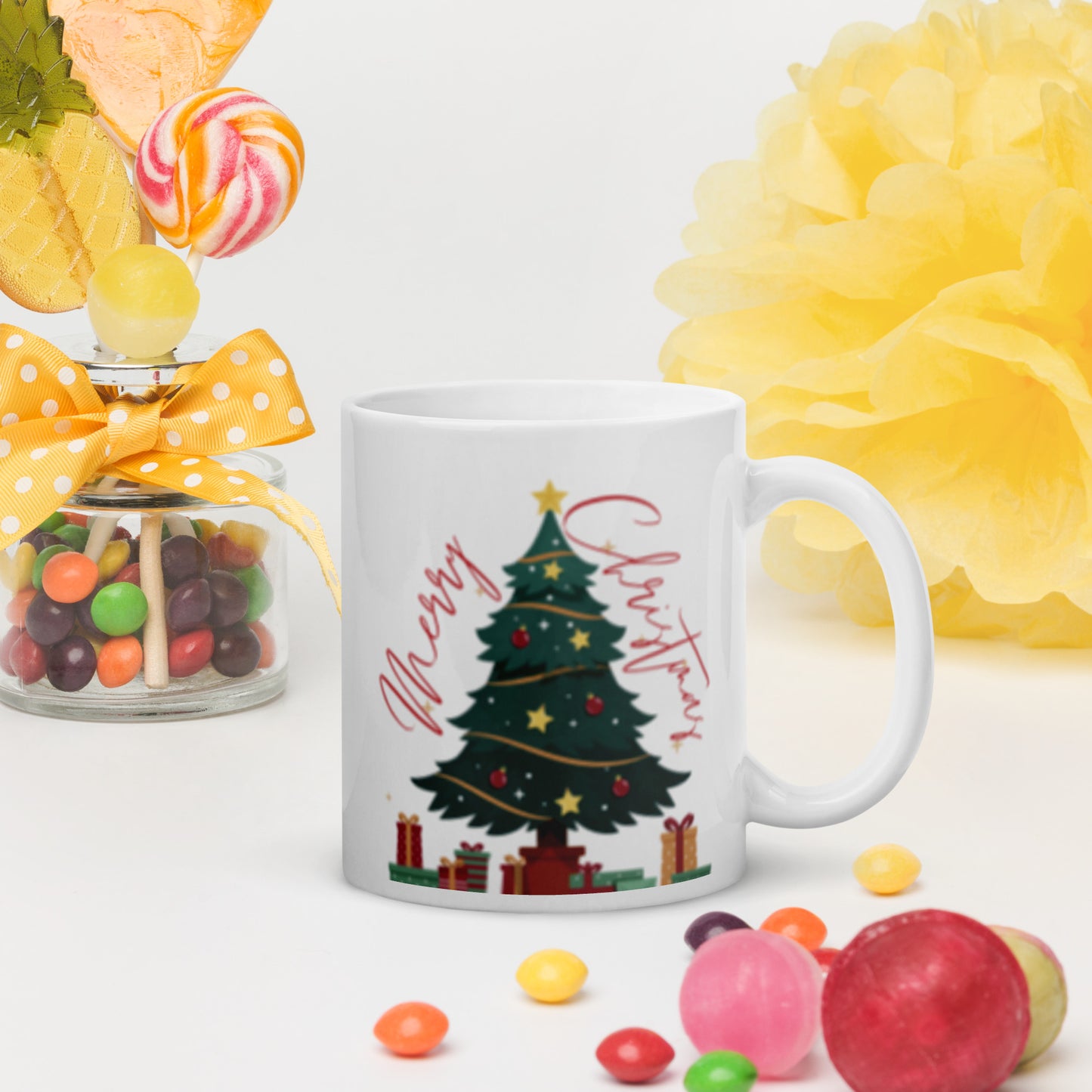Merry Christmas Tree White Glossy Mug 11oz, 15oz, 20oz, for Coffee and Tea Lovers, For Birthday, Thanksgiving and Christmas Gift Ideas
