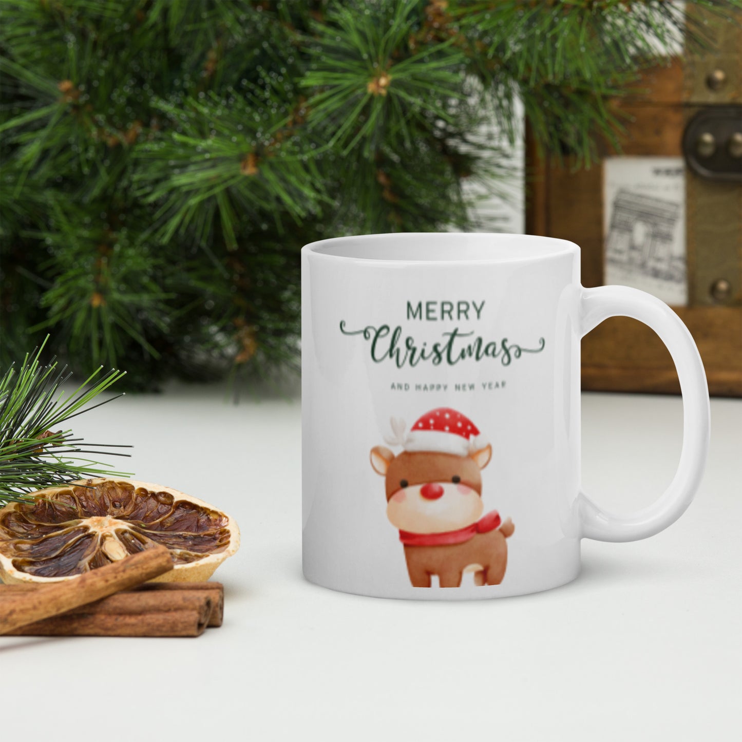 Merry Christmas Deer White Glossy Mug 11oz, 15oz, 20oz, for Coffee and Tea Lovers, For Birthday, Thanksgiving and Christmas Gift Ideas