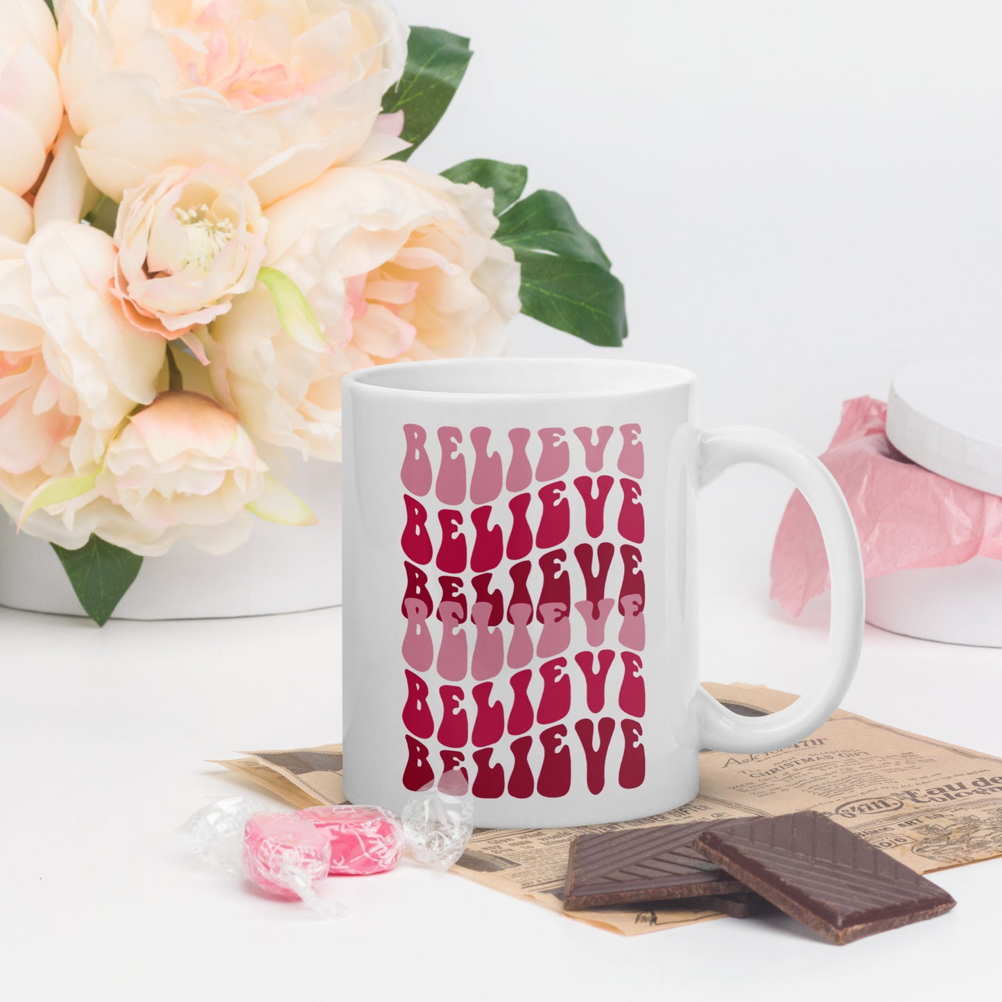 Believe White glossy 11oz,15oz, 20oz mug, Perfect for Coffee and Tea Lovers, For Birthday, Thanksgiving and Christmas Gift