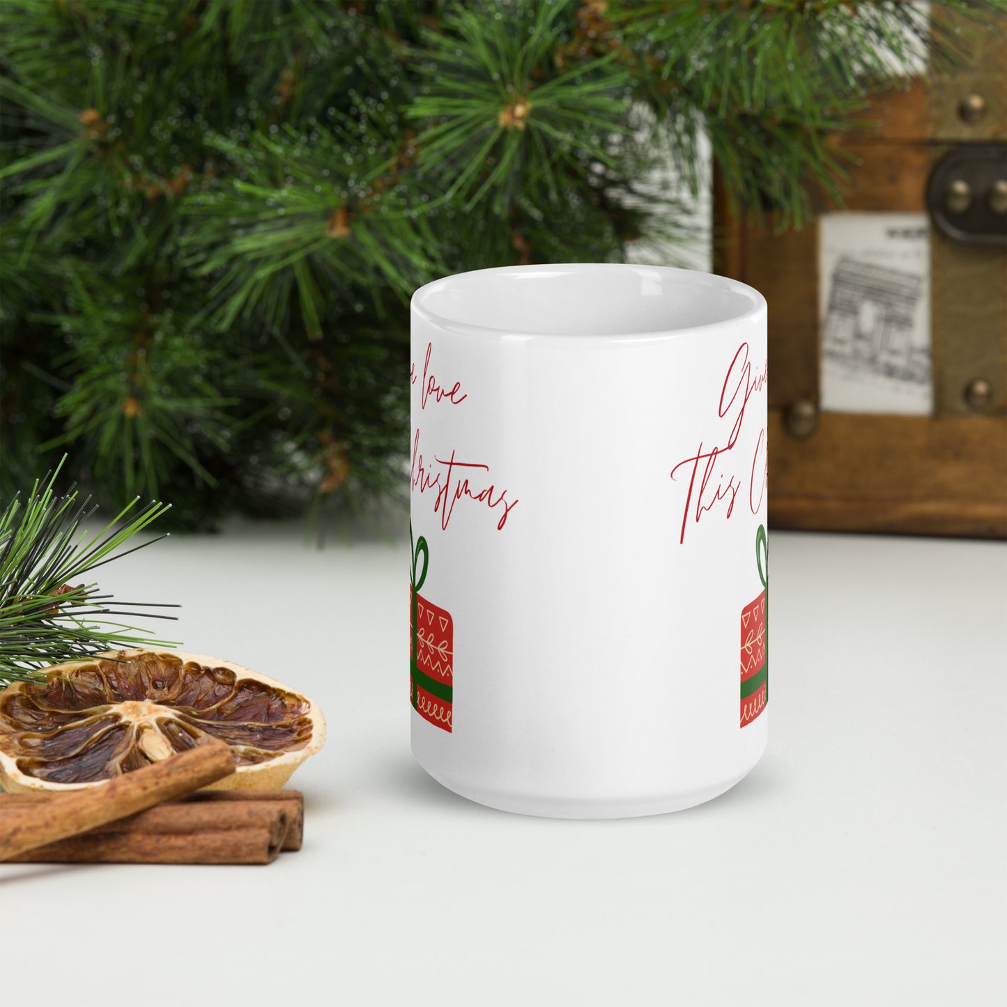 Give Love this Christmas White Glossy Mug 11oz, 15oz, 20oz, for Coffee and Tea Lovers, For Birthday, Thanksgiving and Christmas Gift Ideas
