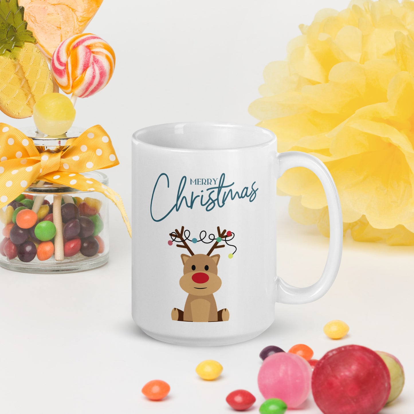 Merry Christmas Deer White Glossy Mug 11oz, 15oz, 20oz, for Coffee and Tea Lovers, For Birthday, Thanksgiving and Christmas Gift Ideas
