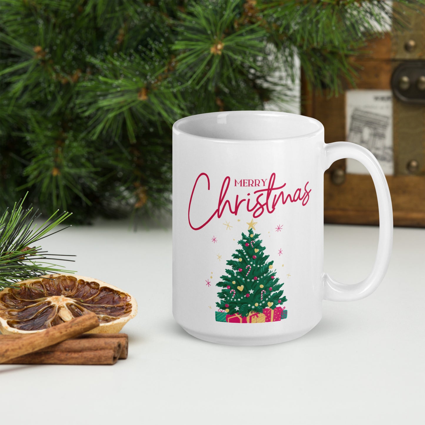 Merry Christmas tree White Glossy Mug 11oz, 15oz, 20oz, for Coffee and Tea Lovers, For Birthday, Thanksgiving and Christmas Gift Ideas