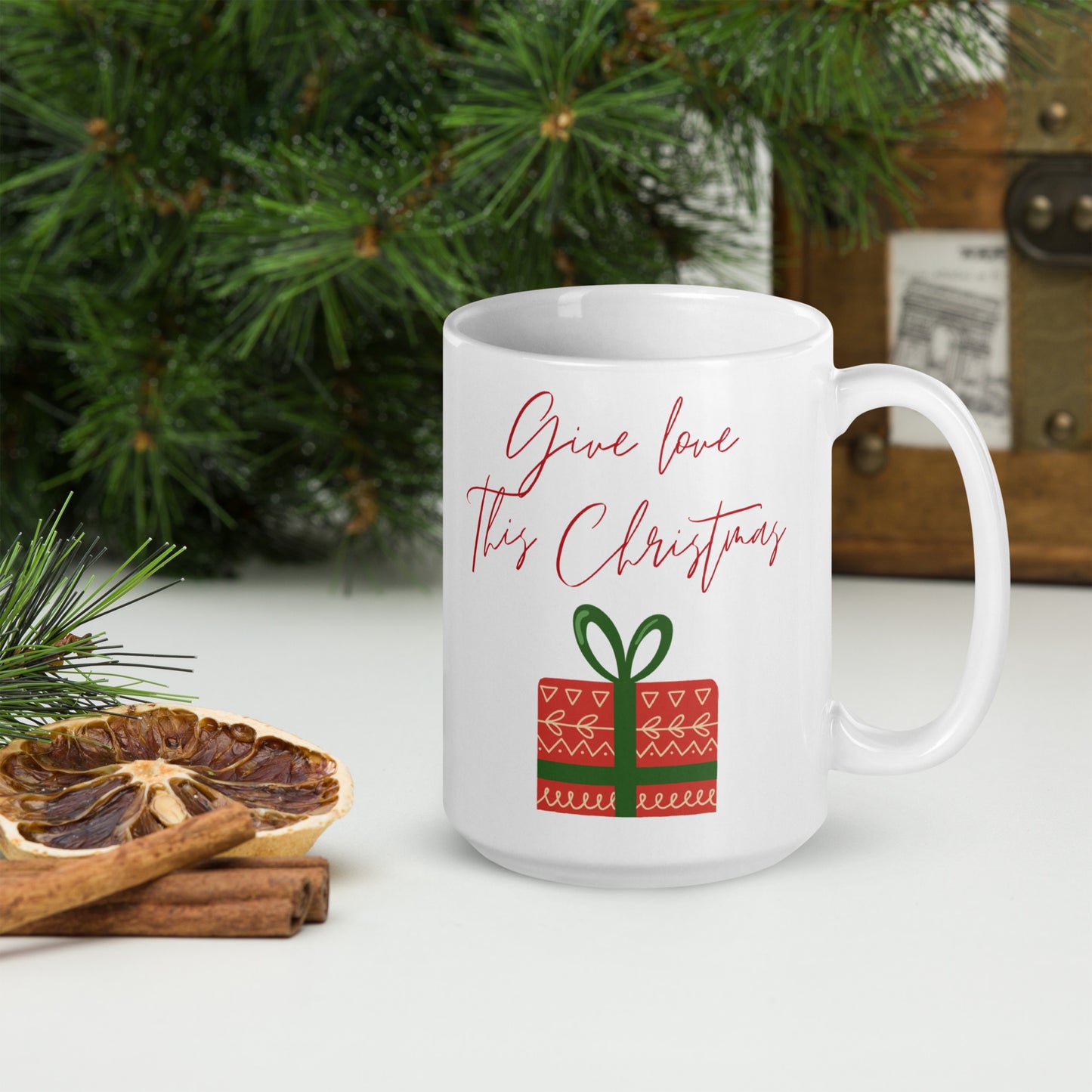 Give Love this Christmas White Glossy Mug 11oz, 15oz, 20oz, for Coffee and Tea Lovers, For Birthday, Thanksgiving and Christmas Gift Ideas