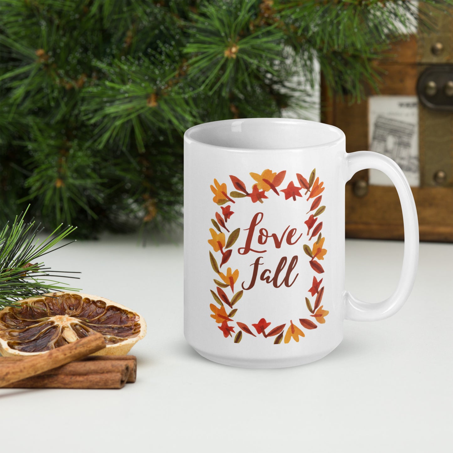 Love Fall White glossy 11oz, 15oz, 20oz mug, Perfect for Coffee and Tea Lovers, For Birthday, Thanksgiving and Christmas Gift