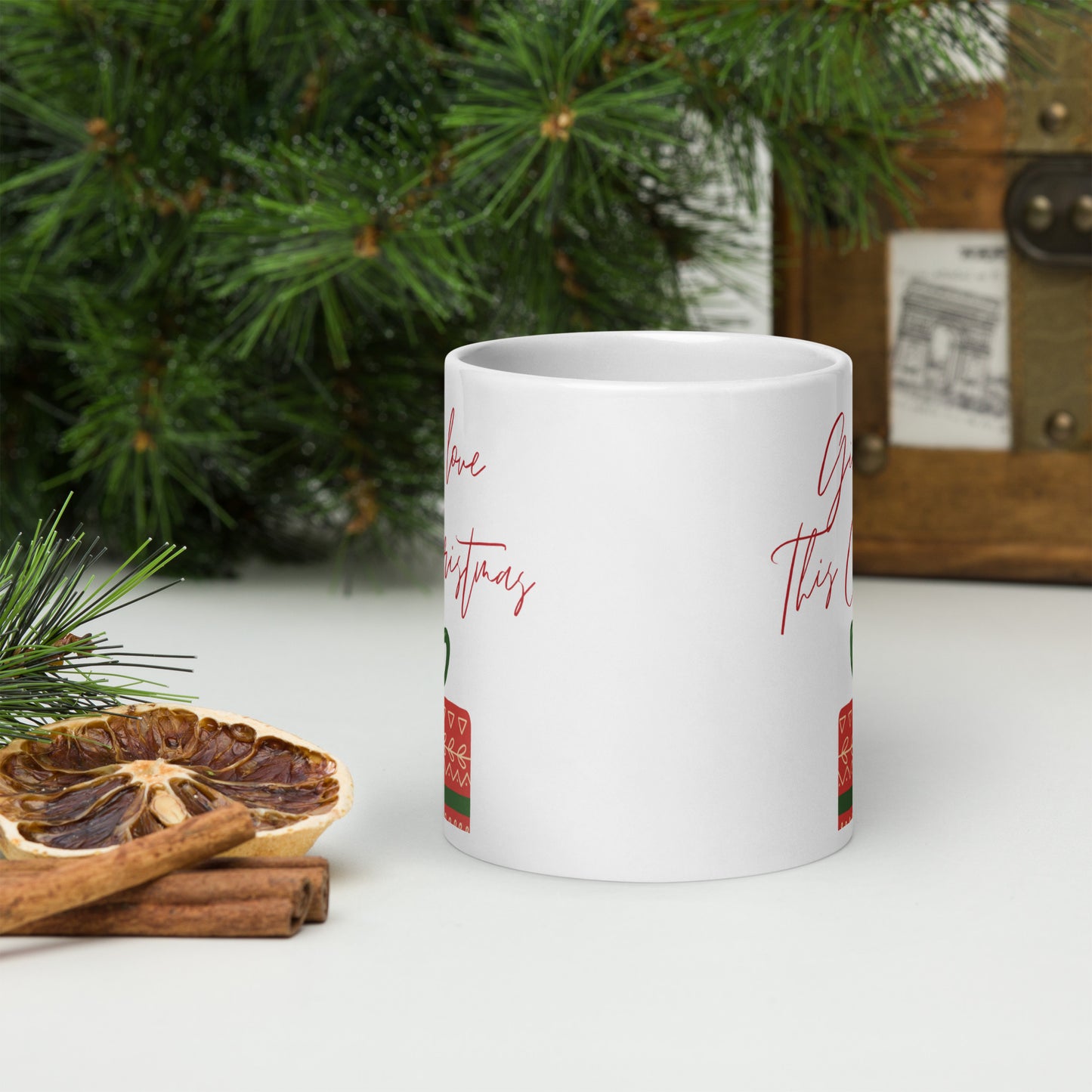 Give Love this Christmas White Glossy Mug 11oz, 15oz, 20oz, for Coffee and Tea Lovers, For Birthday, Thanksgiving and Christmas Gift Ideas