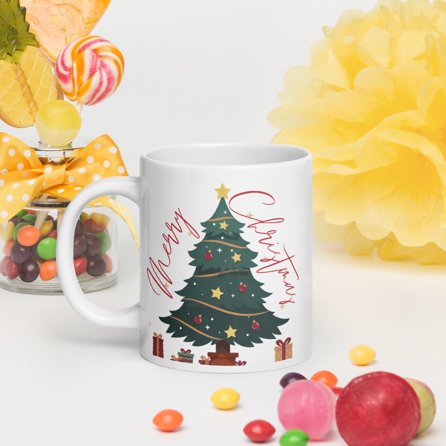 Merry Christmas Tree White Glossy Mug 11oz, 15oz, 20oz, for Coffee and Tea Lovers, For Birthday, Thanksgiving and Christmas Gift Ideas
