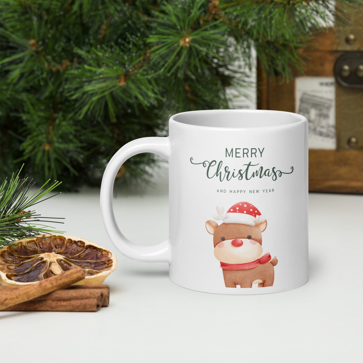 Merry Christmas Deer White Glossy Mug 11oz, 15oz, 20oz, for Coffee and Tea Lovers, For Birthday, Thanksgiving and Christmas Gift Ideas