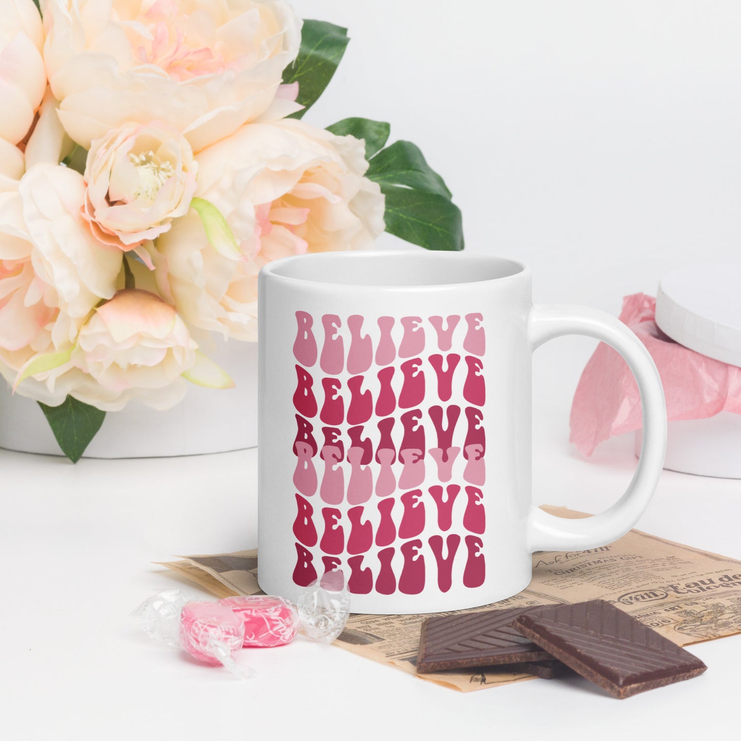 Believe White glossy 11oz,15oz, 20oz mug, Perfect for Coffee and Tea Lovers, For Birthday, Thanksgiving and Christmas Gift