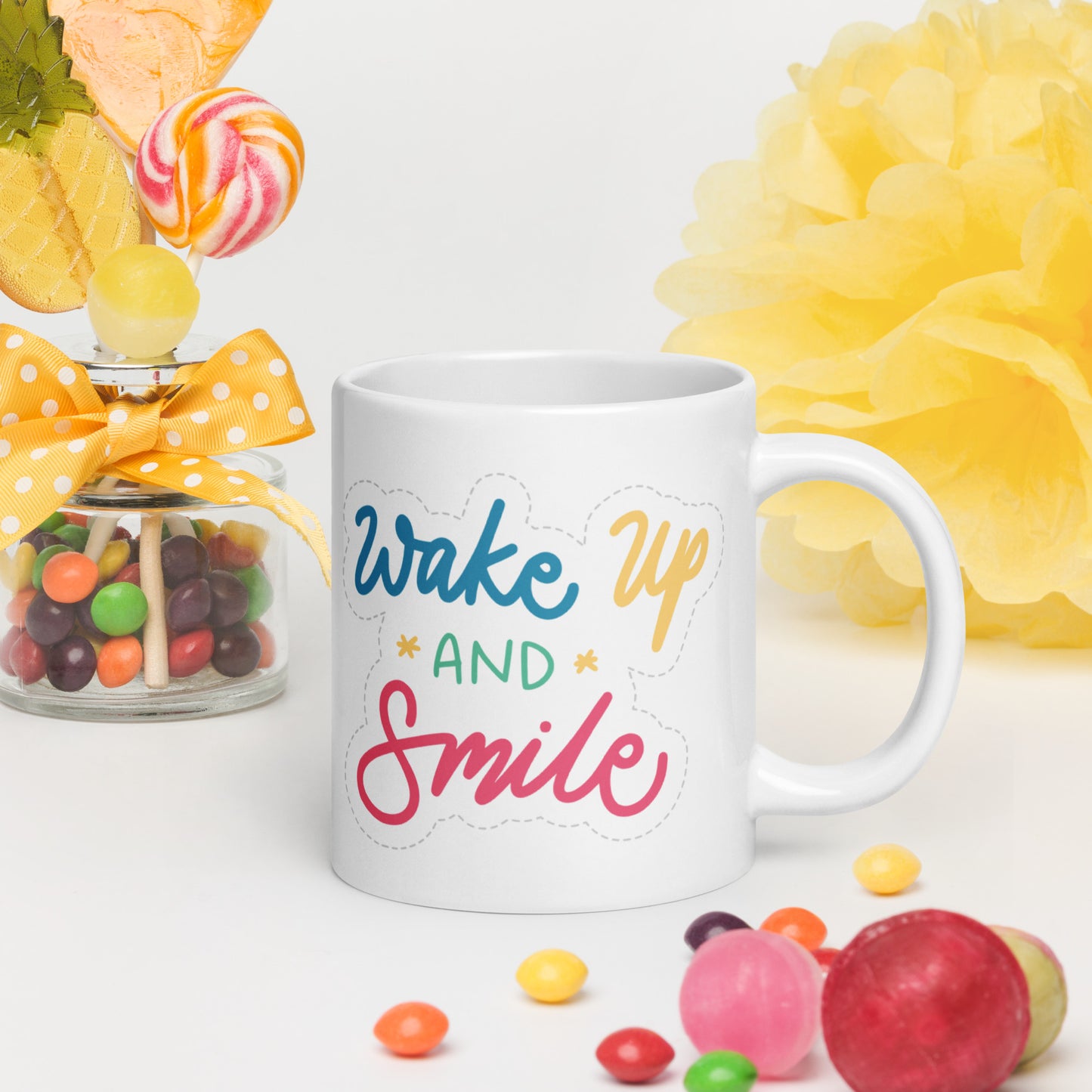 Wake up and Smile White glossy mug, 11oz, 15oz, 20oz, Perfect for Coffee and Tea Lovers, For Birthday, Thanksgiving and Christmas Gift