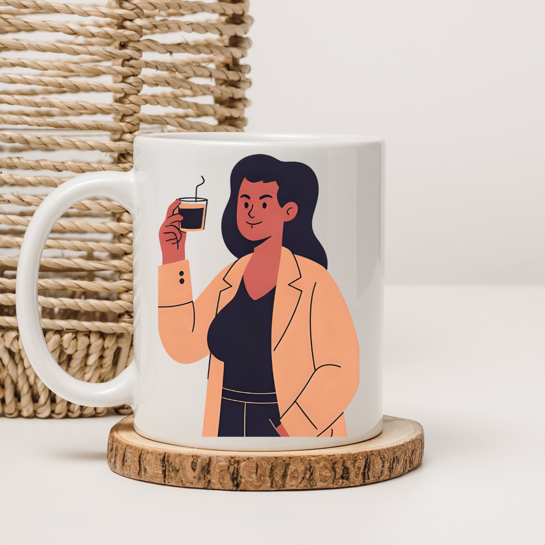White Glossy Ceramic Mug with Woman Design – Aesthetic Coffee & Tea Cup,  Feminine Illustration Drinkware, Unique Gift for Her, Office, Home