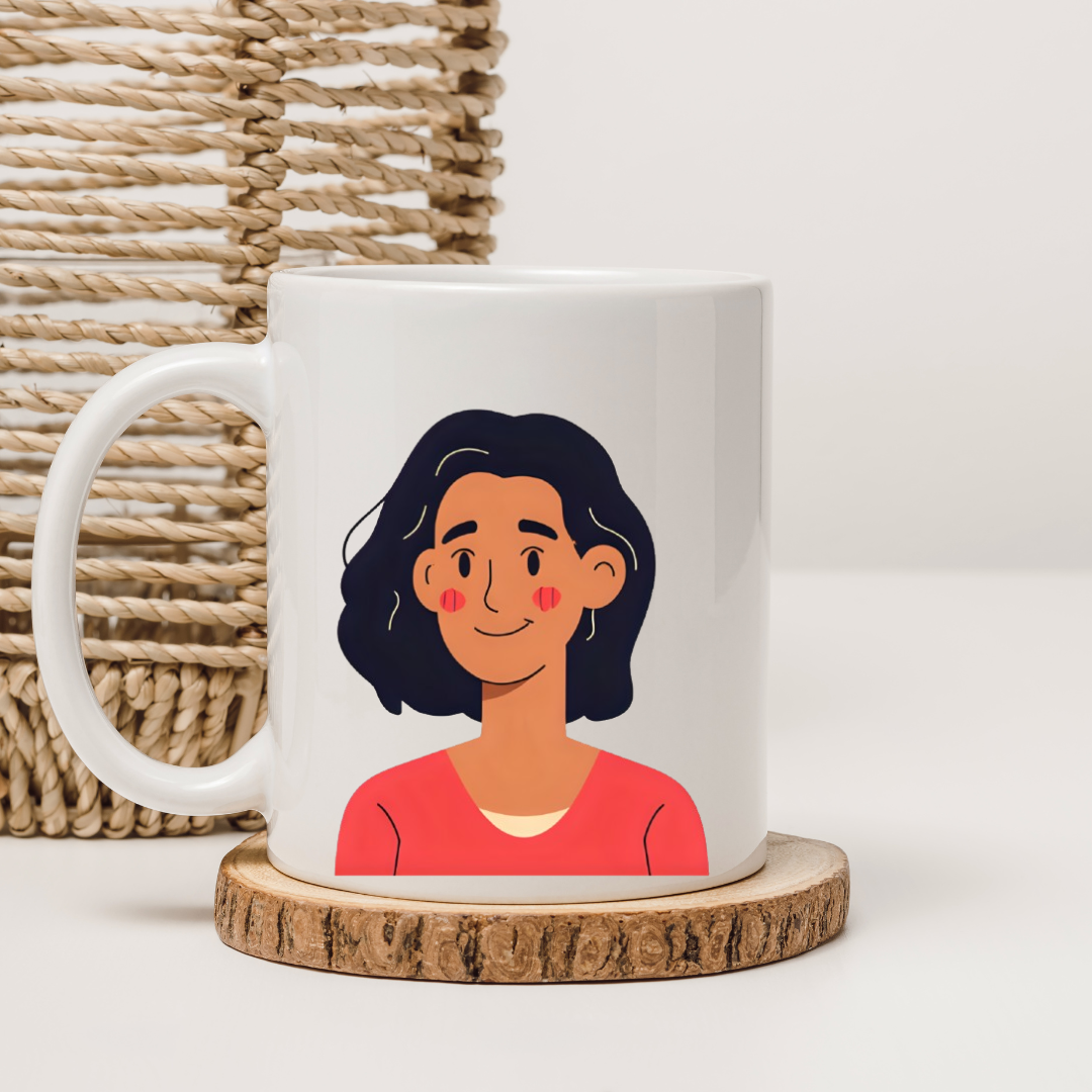 White Glossy Ceramic Mug with Woman Design – Aesthetic Coffee & Tea Cup, Artistic Feminine Illustration Drinkware, Unique Gift for Her, Office, and Home Décor