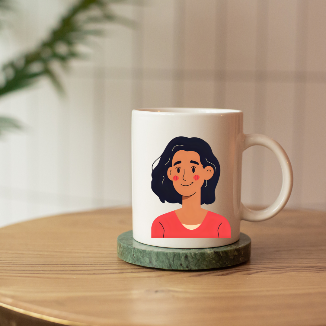 White Glossy Ceramic Mug with Woman Design – Aesthetic Coffee & Tea Cup, Artistic Feminine Illustration Drinkware, Unique Gift for Her, Office, and Home Décor