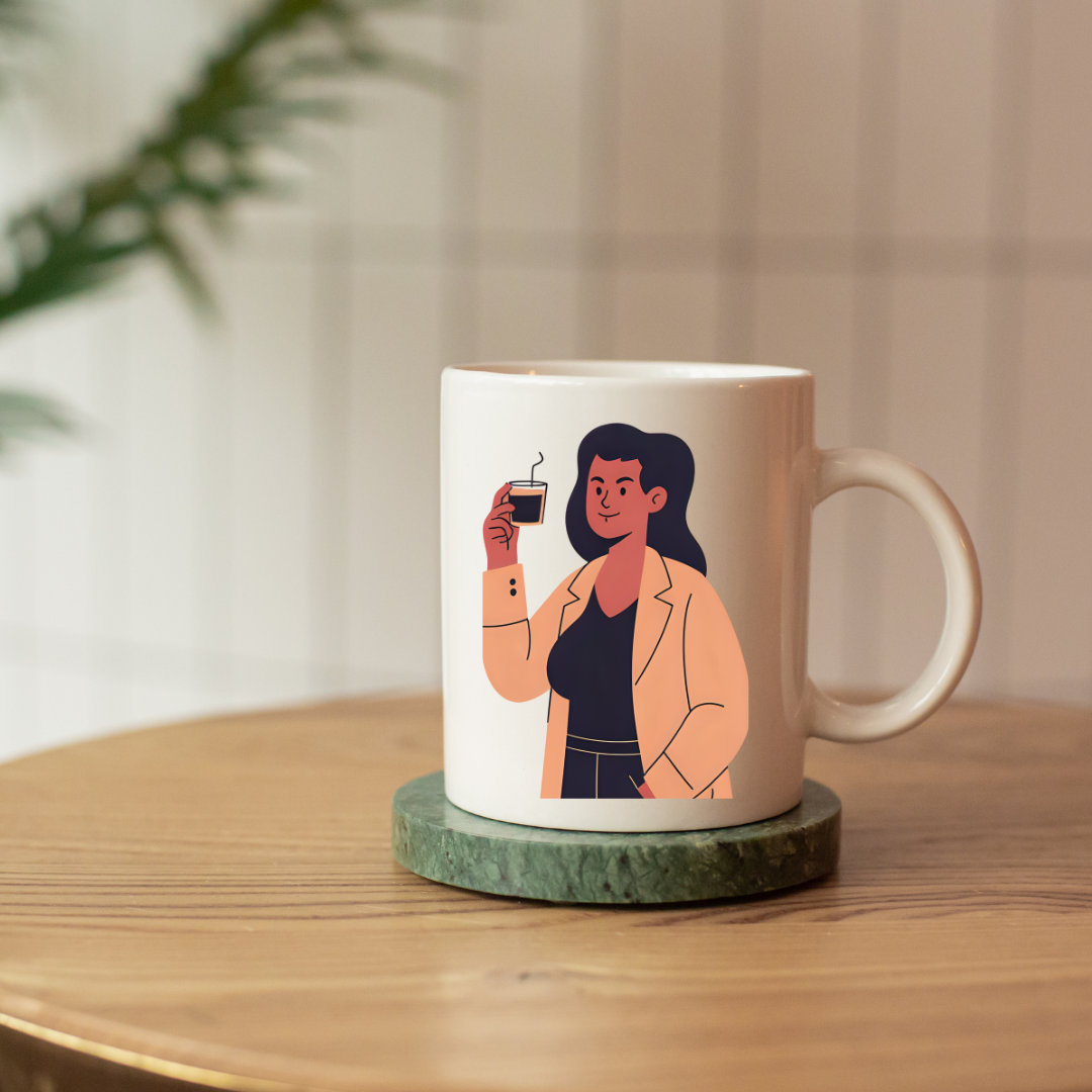 White Glossy Ceramic Mug with Woman Design – Aesthetic Coffee & Tea Cup,  Feminine Illustration Drinkware, Unique Gift for Her, Office, Home