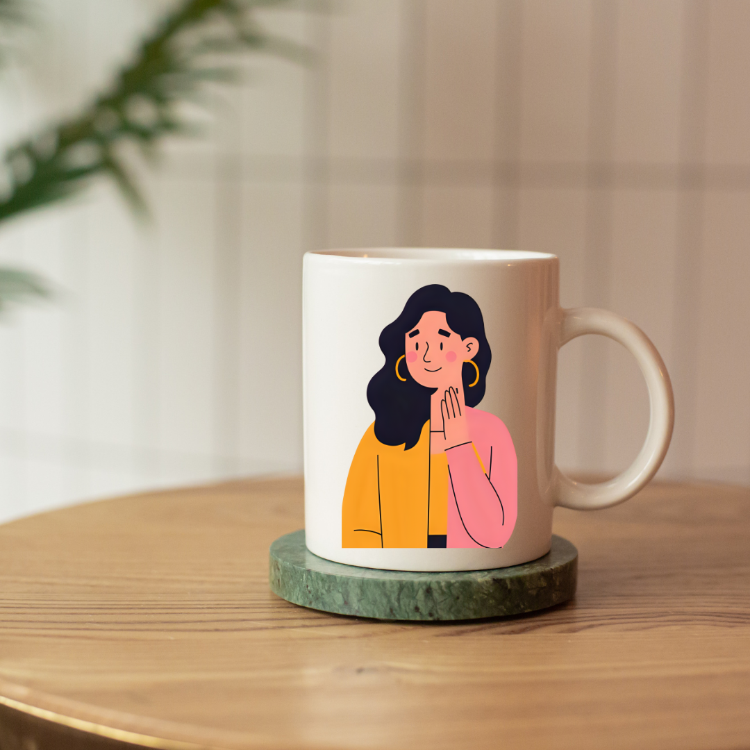White Glossy Ceramic Mug with Woman Design – Aesthetic Coffee & Tea Cup,  Feminine Illustration Drinkware, Unique Gift for Her, Office, Home
