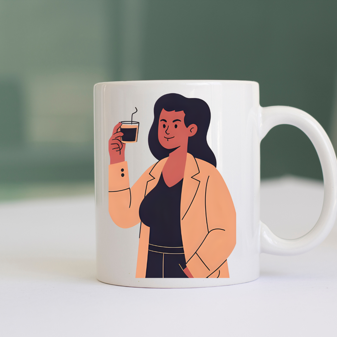 White Glossy Ceramic Mug with Woman Design – Aesthetic Coffee & Tea Cup,  Feminine Illustration Drinkware, Unique Gift for Her, Office, Home