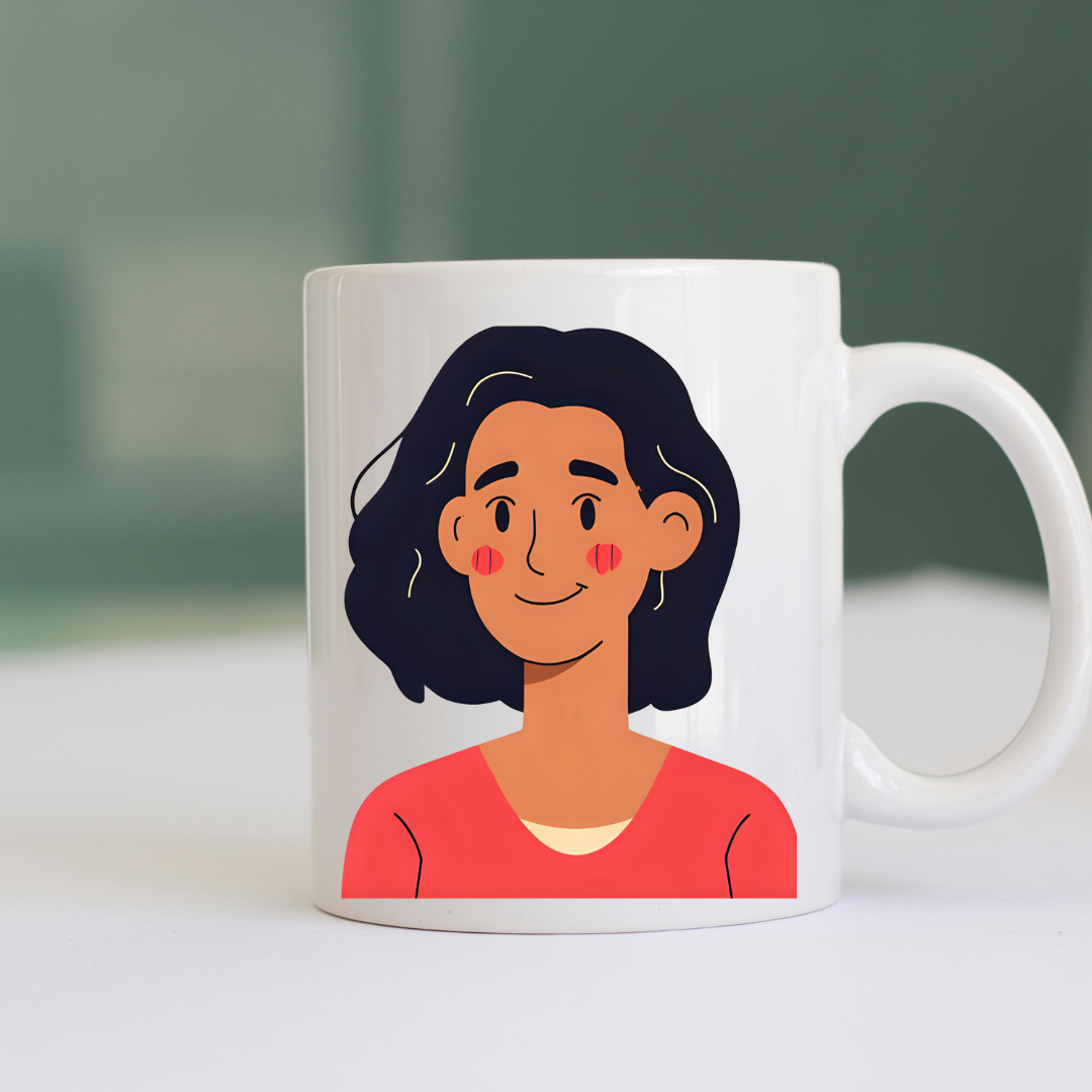 White Glossy Ceramic Mug with Woman Design – Aesthetic Coffee & Tea Cup, Artistic Feminine Illustration Drinkware, Unique Gift for Her, Office, and Home Décor
