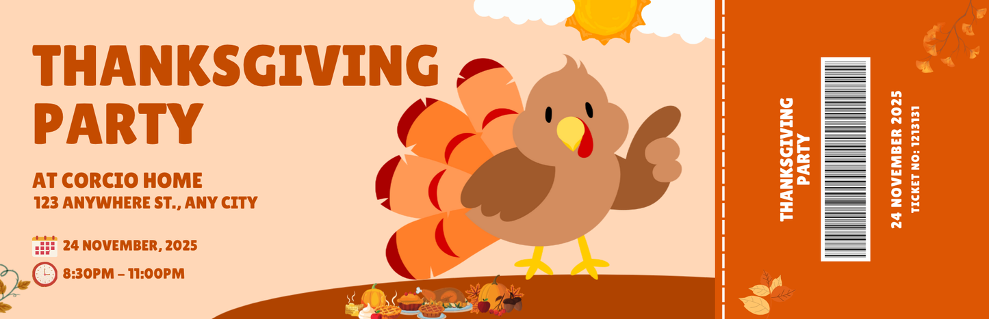 Illustration Thanksgiving Party Ticket - Customizable Raffle & Harvest Event Ticket Printable, Digital Download for Fall Events & Parties