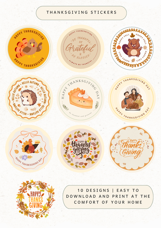 Happy Thanksgiving Day Circle Sticker - Printable Fall Sticker Sheet, Digital Download for Gifts, Envelopes, Labels & Party Favors