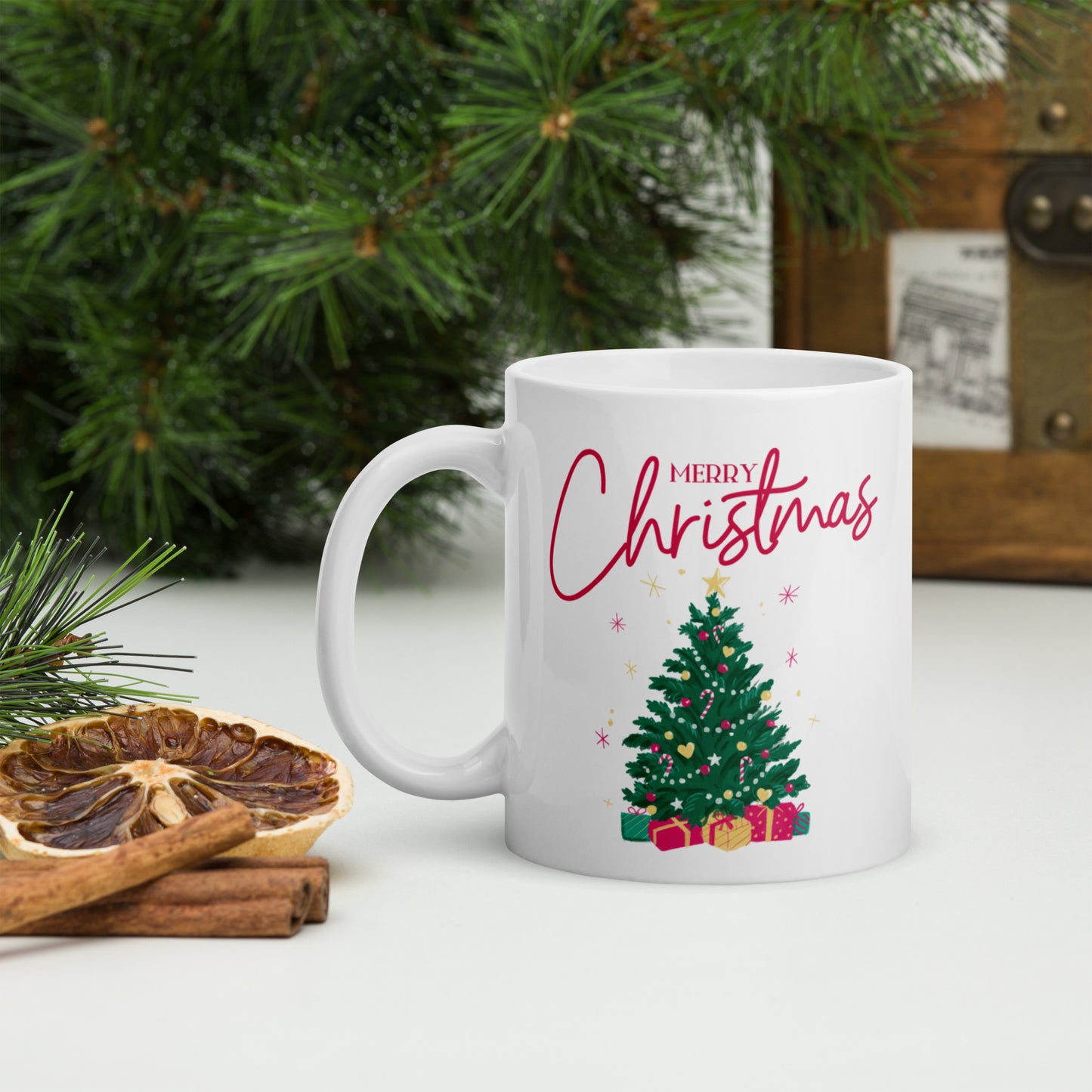 Merry Christmas tree White Glossy Mug 11oz, 15oz, 20oz, for Coffee and Tea Lovers, For Birthday, Thanksgiving and Christmas Gift Ideas