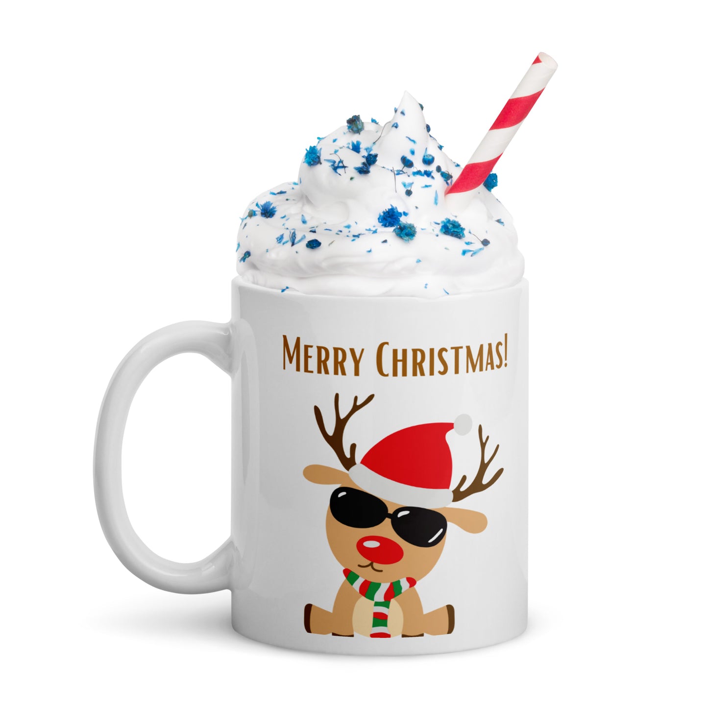 Merry Christmas Deer with Shades White Glossy Mug 11oz, 15oz, 20oz, for Coffee and Tea Lovers, For Birthday, Thanksgiving and Christmas Gift Ideas