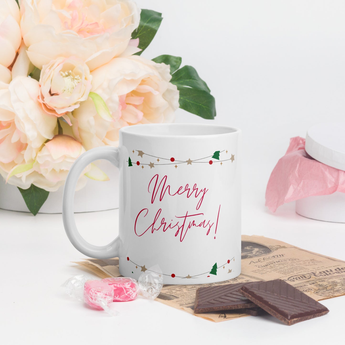 Merry Christmas White Glossy Mug 11oz, 15oz, 20oz, for Coffee and Tea Lovers, For Birthday, Thanksgiving and Christmas Gift Ideas