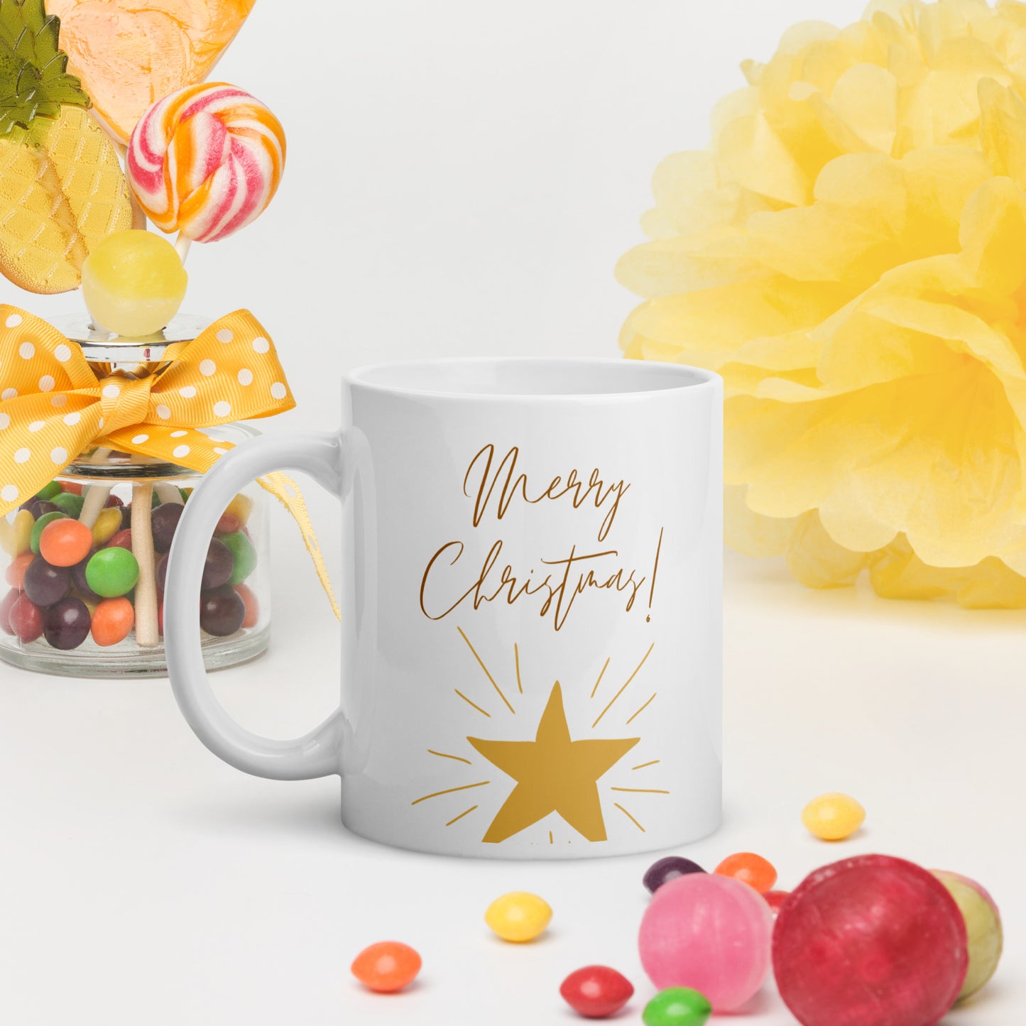 Merry Christmas Star White Glossy Mug 11oz, 15oz, 20oz, for Coffee and Tea Lovers, For Birthday, Thanksgiving and Christmas Gift Ideas