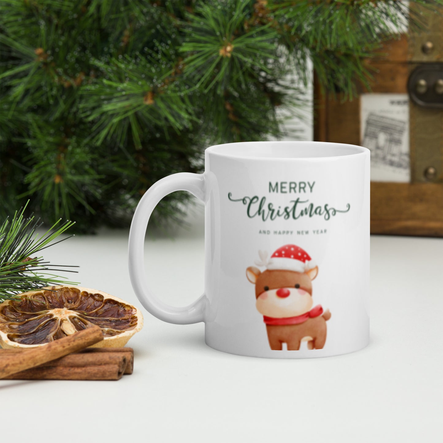 Merry Christmas Deer White Glossy Mug 11oz, 15oz, 20oz, for Coffee and Tea Lovers, For Birthday, Thanksgiving and Christmas Gift Ideas