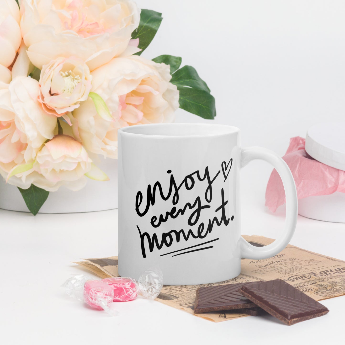 Enjoy Every Moment, 11oz, 15oz, 20oz White Glossy Mug, Perfect for Coffee and Tea Lovers, For Birthday, Thanksgiving and Christmas Gift