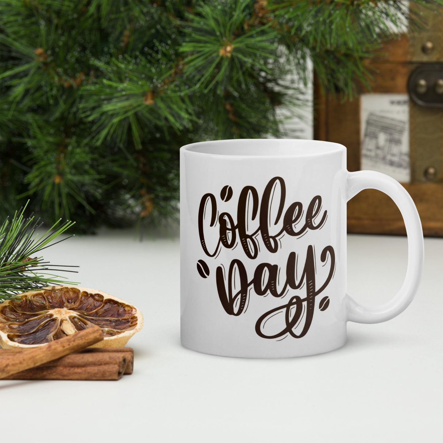 Coffee Day White glossy mug, 11oz, 15oz, 20oz, Perfect for Coffee and Tea Lovers, For Birthday, Thanksgiving and Christmas Gift Idea