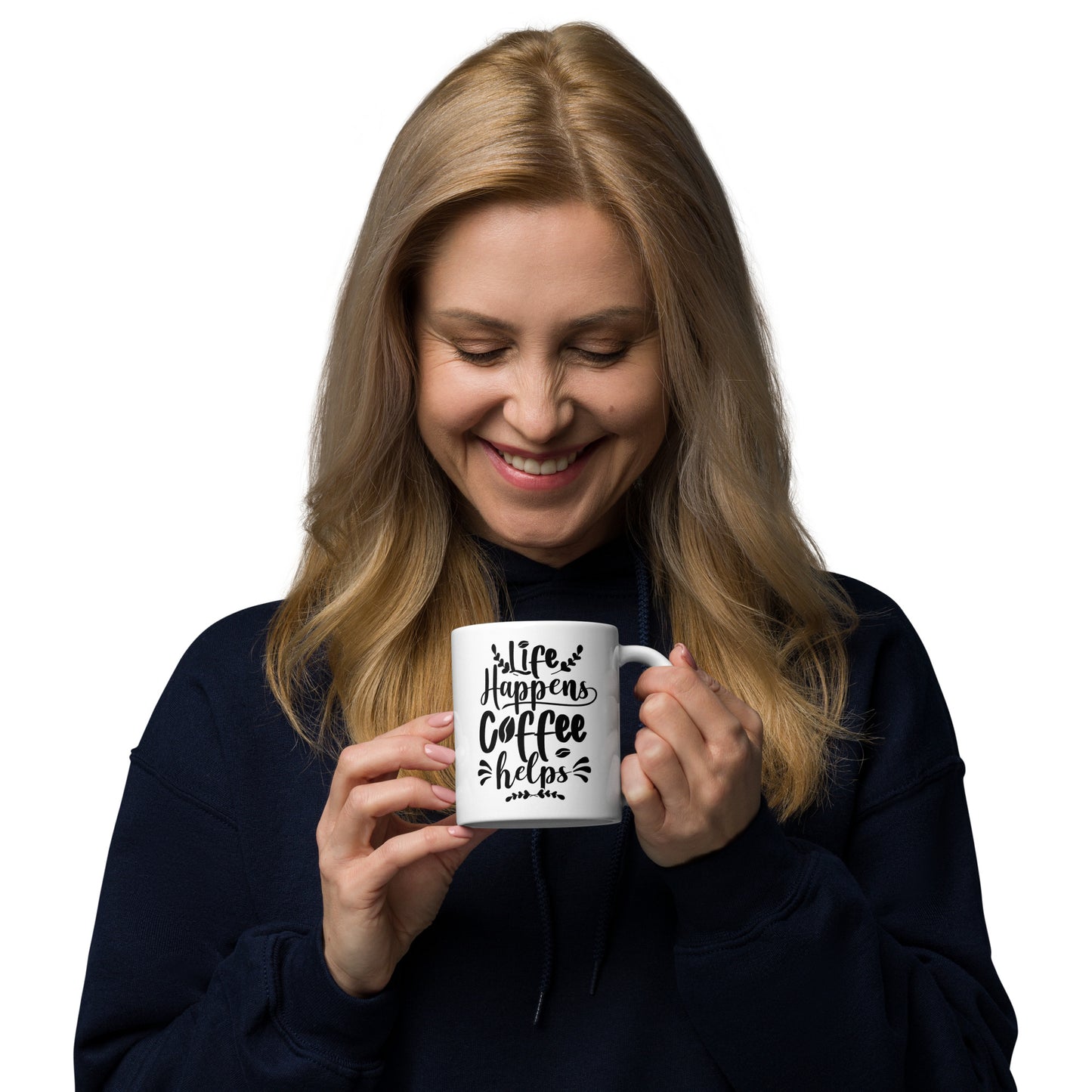 Life happens Coffee Helps White glossy mug, 11oz, 15oz, 20oz, Perfect for Birthday, Thanksgiving and Christmas Gift Idea