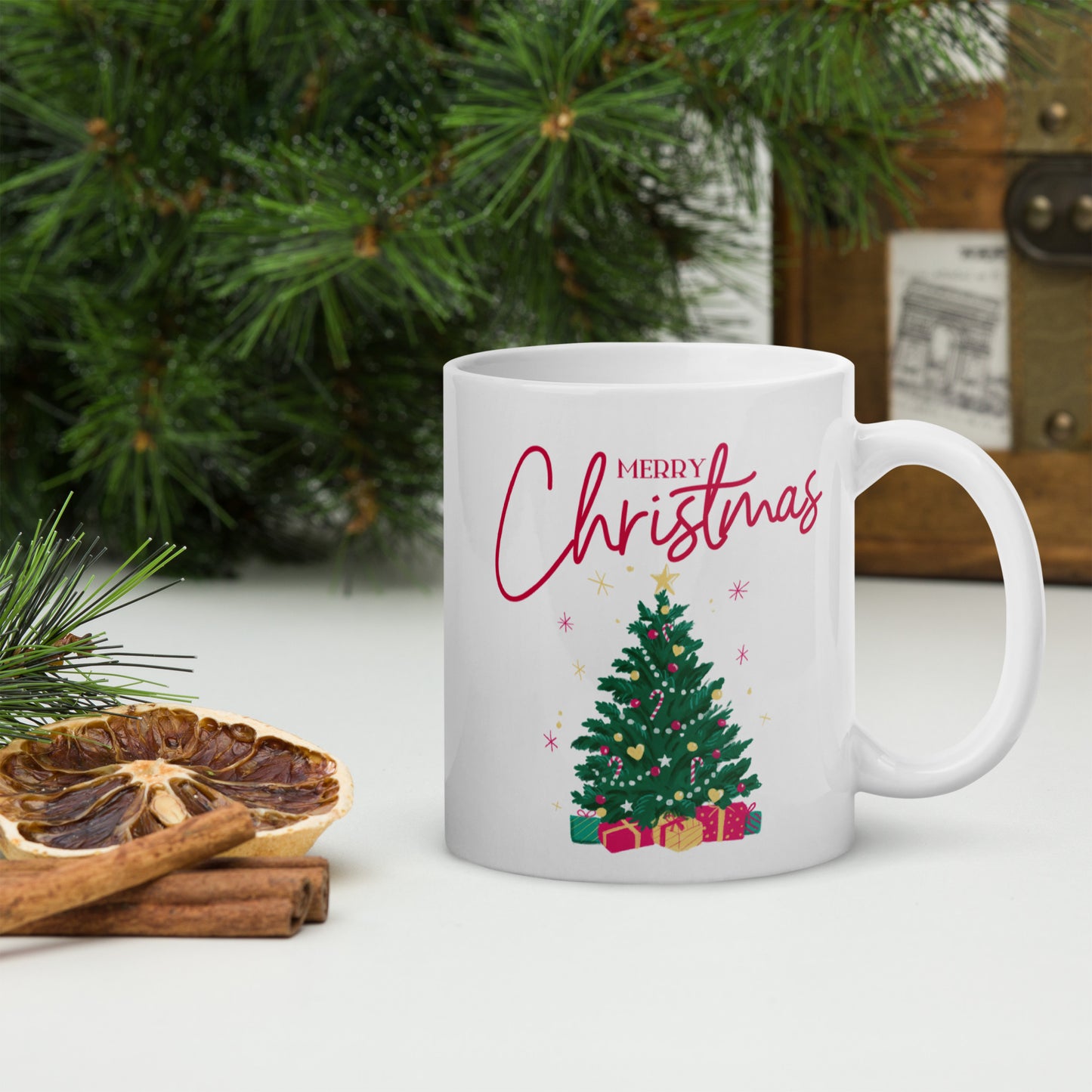 Merry Christmas tree White Glossy Mug 11oz, 15oz, 20oz, for Coffee and Tea Lovers, For Birthday, Thanksgiving and Christmas Gift Ideas