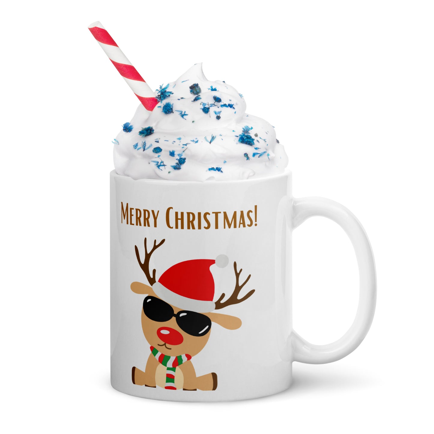 Merry Christmas Deer with Shades White Glossy Mug 11oz, 15oz, 20oz, for Coffee and Tea Lovers, For Birthday, Thanksgiving and Christmas Gift Ideas