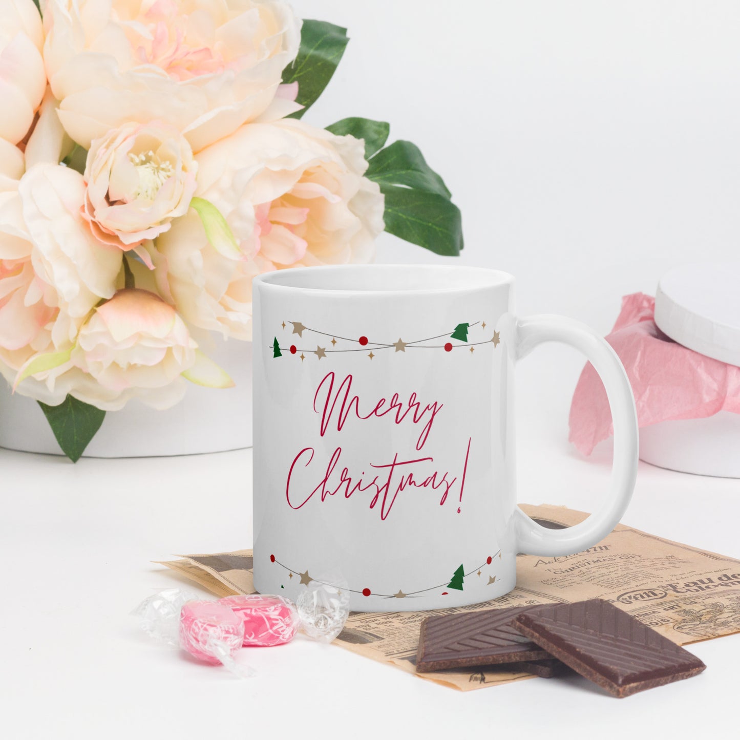Merry Christmas White Glossy Mug 11oz, 15oz, 20oz, for Coffee and Tea Lovers, For Birthday, Thanksgiving and Christmas Gift Ideas