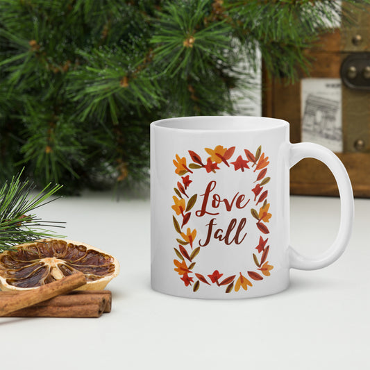 Love Fall White glossy 11oz, 15oz, 20oz mug, Perfect for Coffee and Tea Lovers, For Birthday, Thanksgiving and Christmas Gift