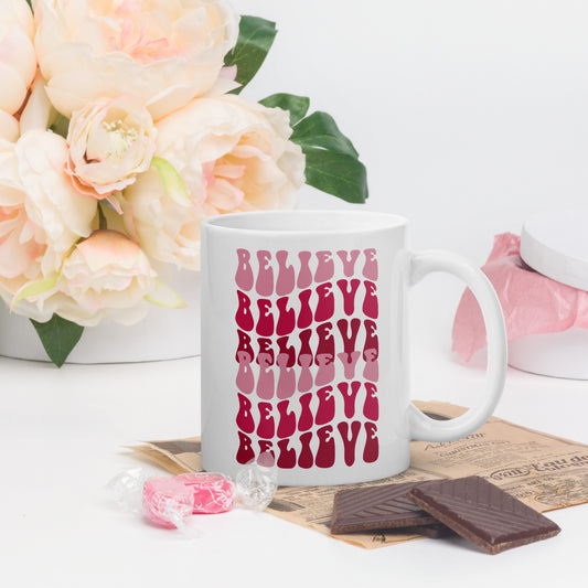 Believe White glossy 11oz,15oz, 20oz mug, Perfect for Coffee and Tea Lovers, For Birthday, Thanksgiving and Christmas Gift