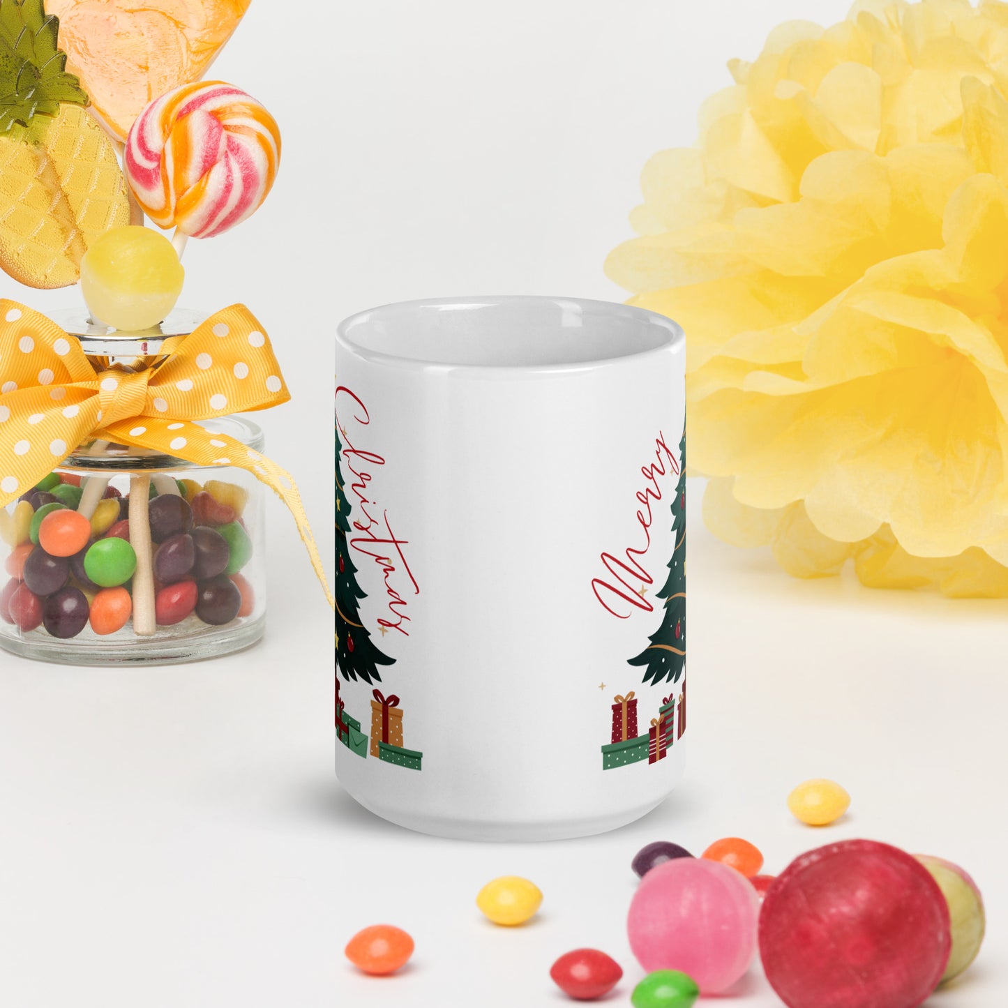 Merry Christmas Tree White Glossy Mug 11oz, 15oz, 20oz, for Coffee and Tea Lovers, For Birthday, Thanksgiving and Christmas Gift Ideas