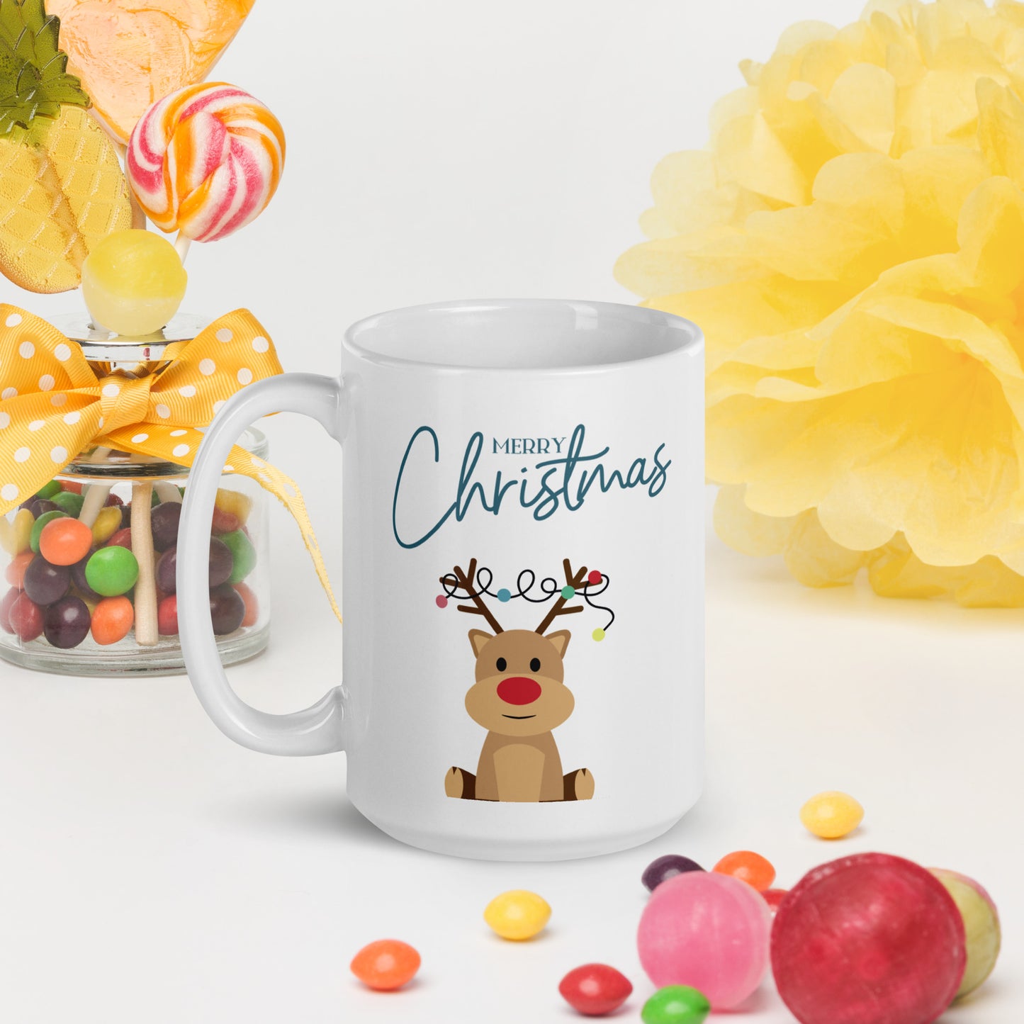 Merry Christmas Deer White Glossy Mug 11oz, 15oz, 20oz, for Coffee and Tea Lovers, For Birthday, Thanksgiving and Christmas Gift Ideas