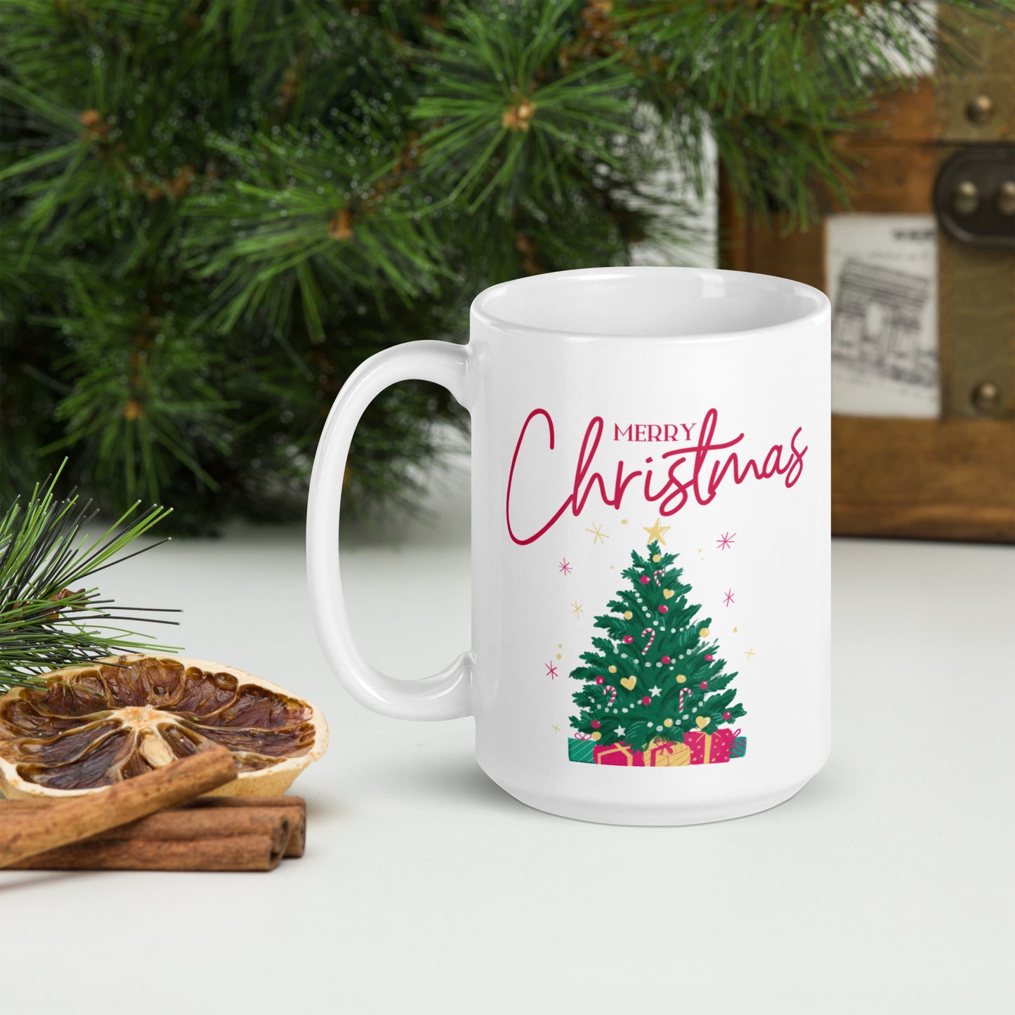 Merry Christmas tree White Glossy Mug 11oz, 15oz, 20oz, for Coffee and Tea Lovers, For Birthday, Thanksgiving and Christmas Gift Ideas